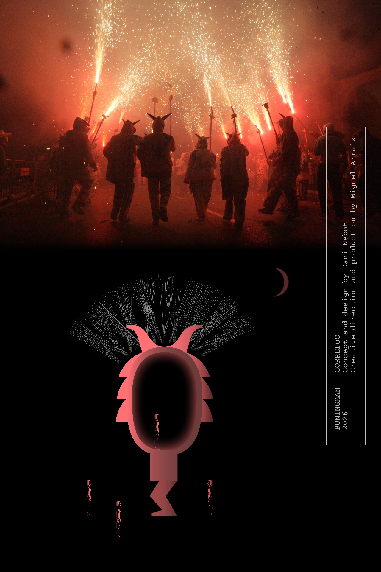 Correfoc concept presentation plate by Dani Nebot and Miguel Arraiz: a Valencian Correfoc procession above the sculpture concept render