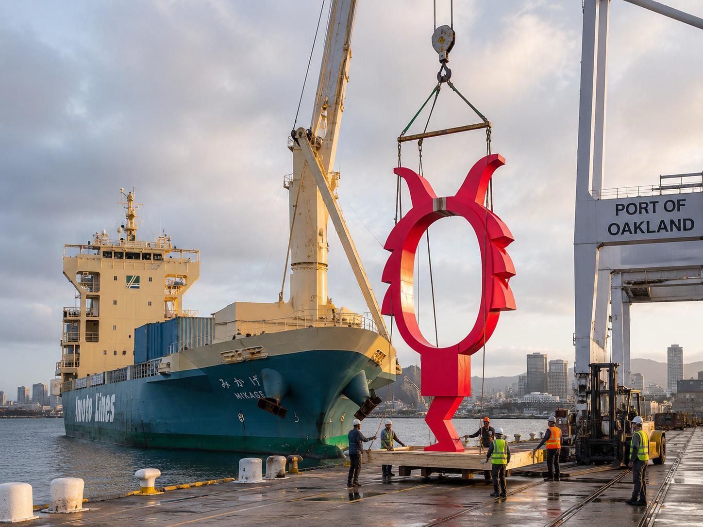 Artist's visualization of the fabricated CORREFOC sculpture, a monumental red dimoni figure, being craned off a cargo ship at the San Francisco Bay after its journey from Valencia