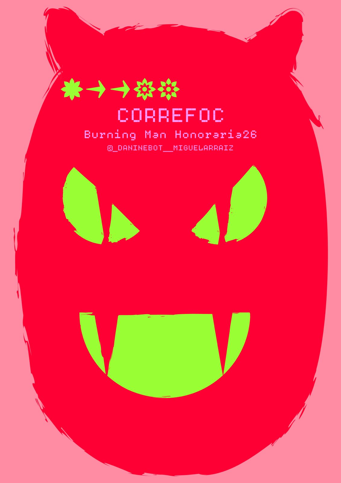 Correfoc devil mask — red on pink, the project's identity artwork by Dani Nebot and Miguel Arraiz