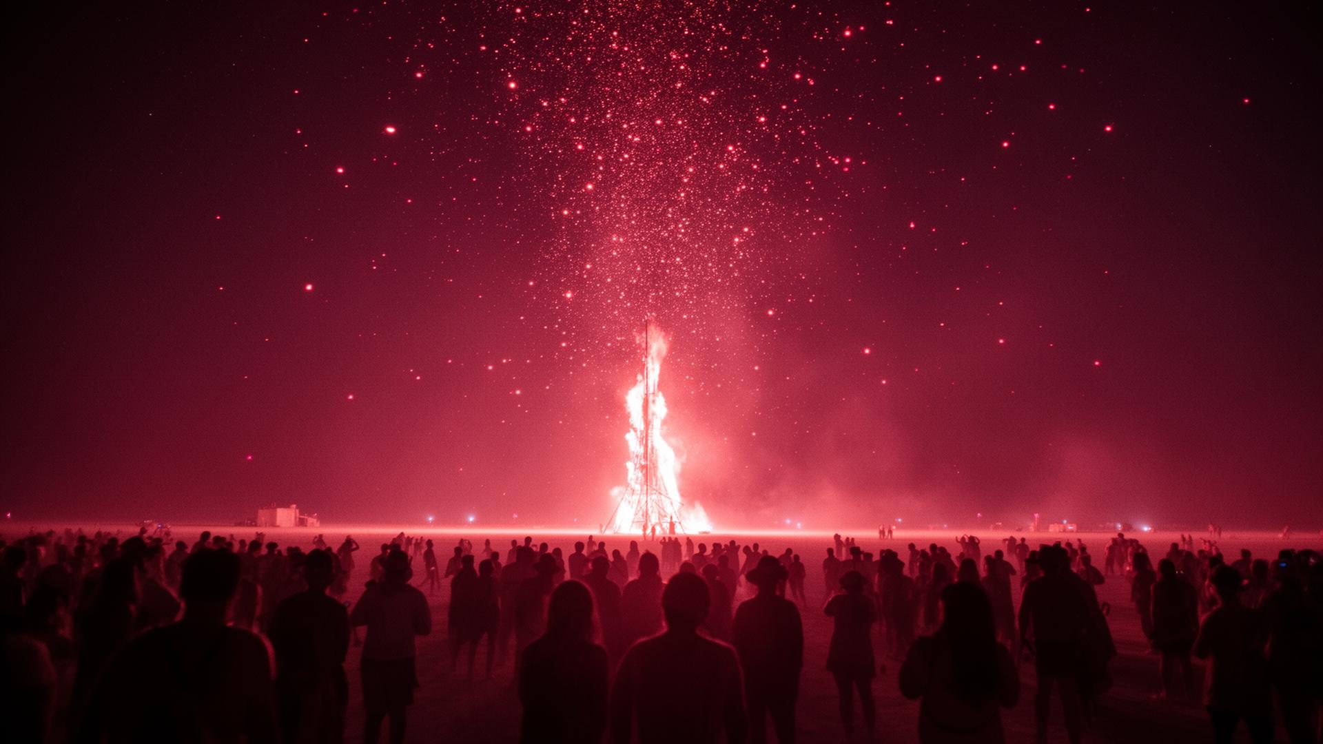 Burning sculpture at Black Rock City at night